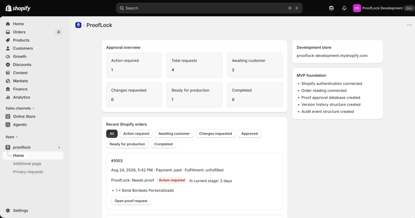 ProofLock dashboard showing artwork approval requests and production status